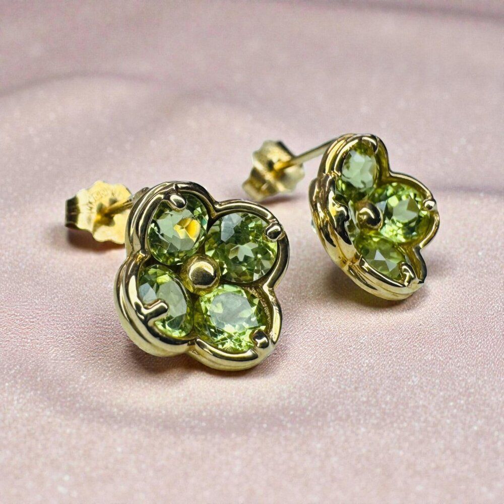 14K Yellow Gold- Natural Peridot Earrings - 1.25CT -Clover Flower Studs 2.5g
